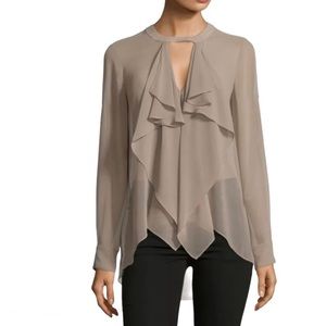 BCBGMaxAzria Enya Long Sleeve Ruffle Drape Front Chiffon Cut Out Top Tan Cream S
